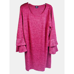 Tacera Women’s Midi Dress Bell Sleeves Gold Beads Plus Size 1X Red Wine